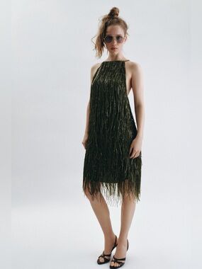 NWT Zara Woman Bloggers Fav ZW COLLECTION FRINGED SEQUIN DRESS Size XS